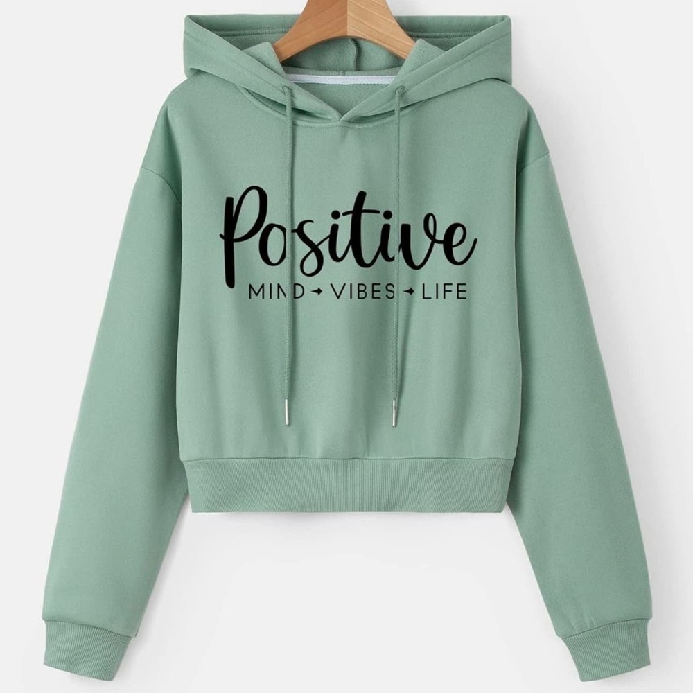 Mint Green POSITIVE Graphic Drop Shoulder Crop Drawstring Hoodie Size Medium